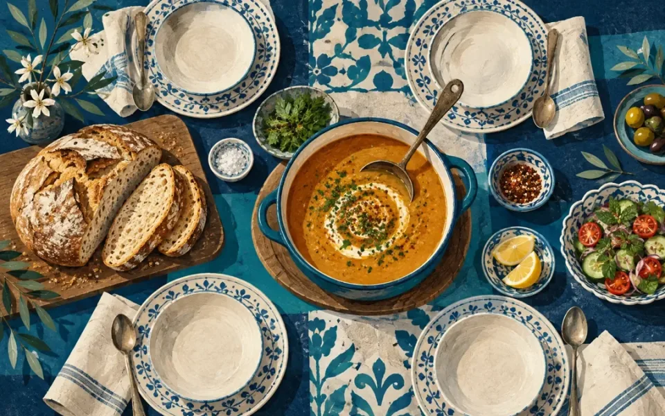 Ekmek çorba ve sade tabaklarla hazırlanmış gündelik bir sofranın üstten görünümü.
