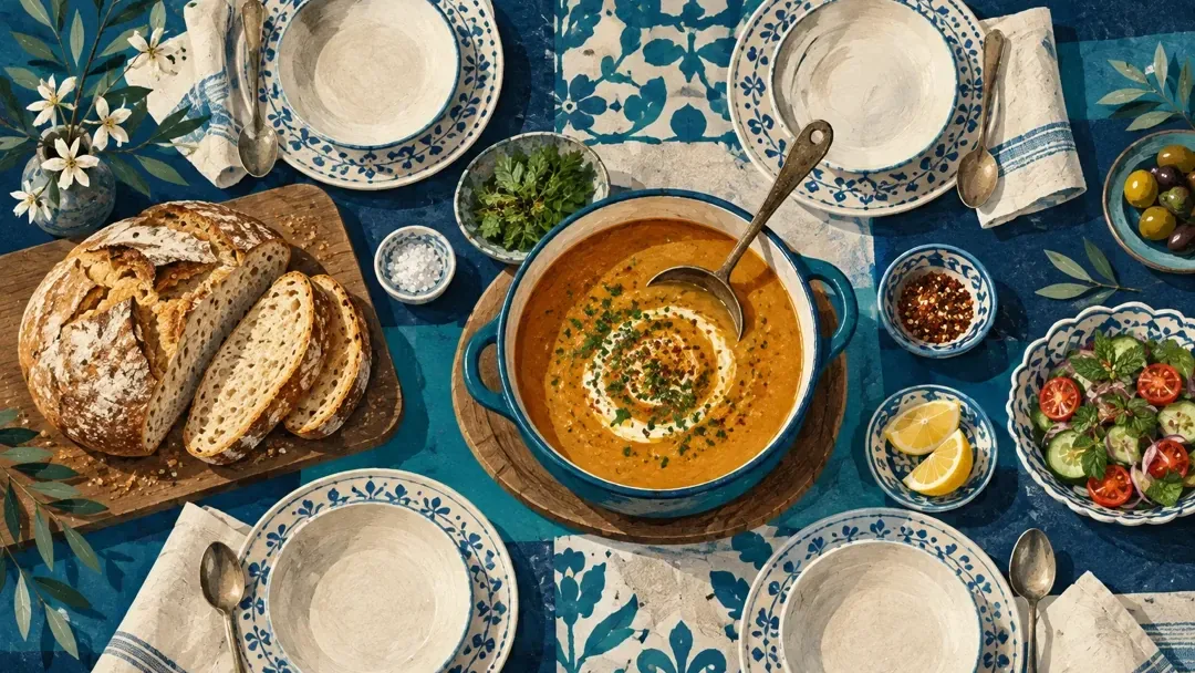 Ekmek çorba ve sade tabaklarla hazırlanmış gündelik bir sofranın üstten görünümü.