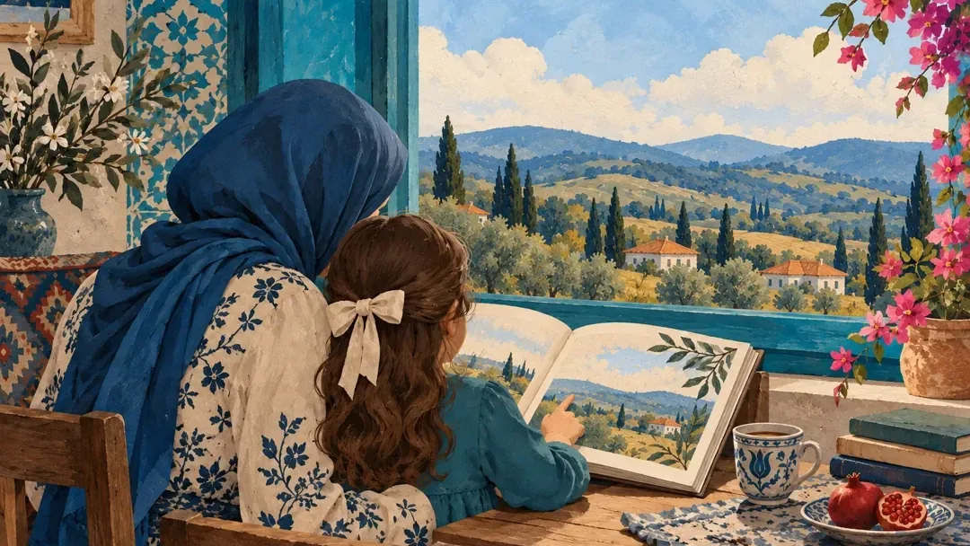 Birlikte kitap okuyan anne ve çocuğu arkadan gösteren temsili illüstrasyon.