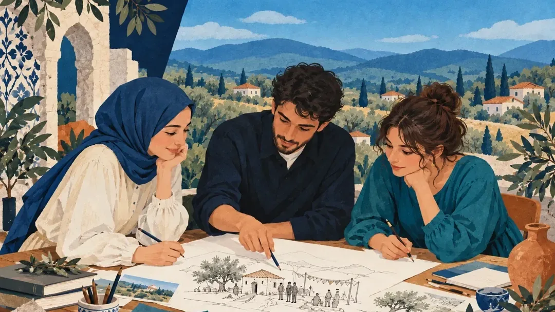 Bir masa çevresinde ortak bir kültür projesi üzerinde çalışan üç gencin temsili illüstrasyonu.