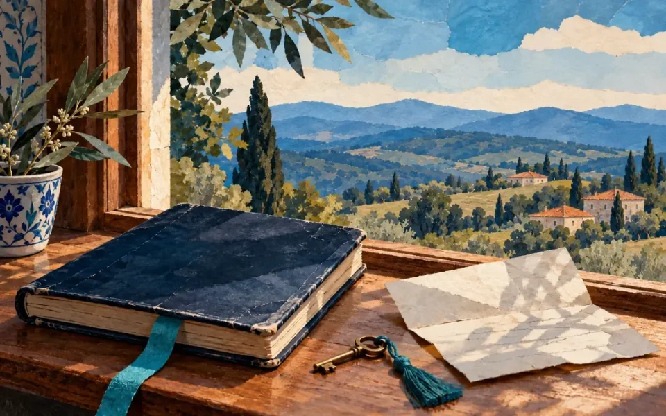 Pencere önünde mavi bir defter turkuaz ayraç ve küçük eski bir anahtar.