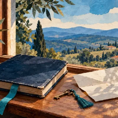 Pencere önünde mavi bir defter turkuaz ayraç ve küçük eski bir anahtar.