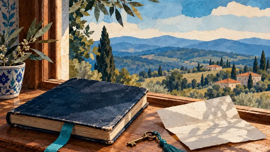 Pencere önünde mavi bir defter turkuaz ayraç ve küçük eski bir anahtar.